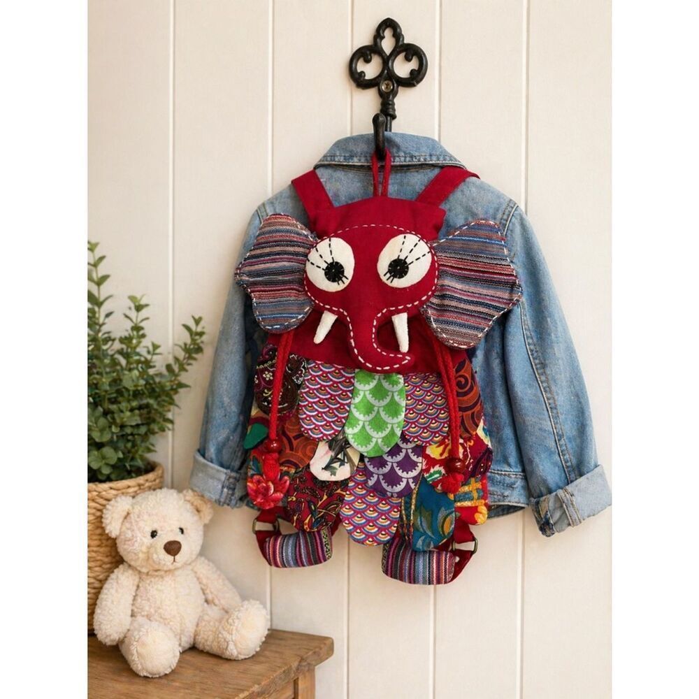 Kids Elephant Backpack Patchwork Boho Drawstring Bag Colorful Novelty Toddler